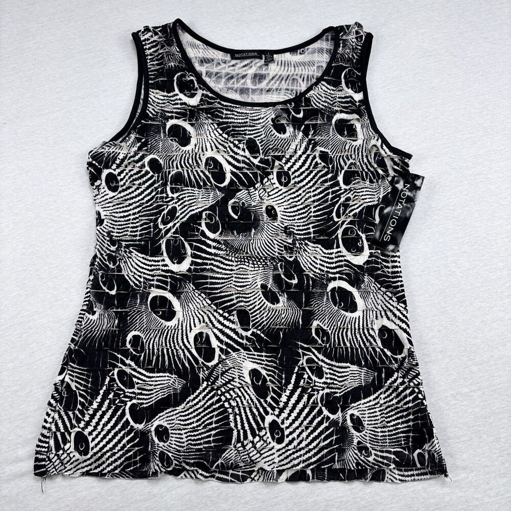 Notations Top L Black White Peacock Ruched Tank NWT Sleeveless
